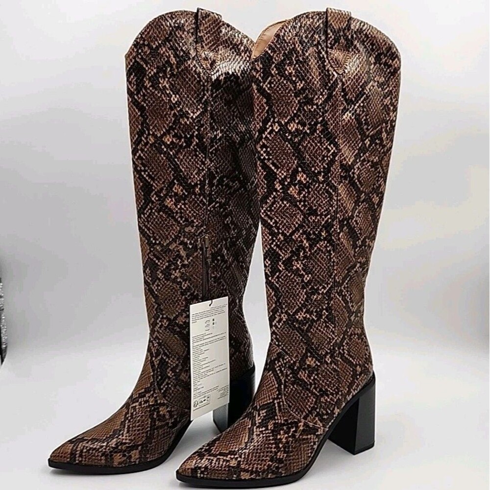 Womens Over the Knee High Boots Snakeskin Print Pointed Toe Block Heel Fall Sz 7